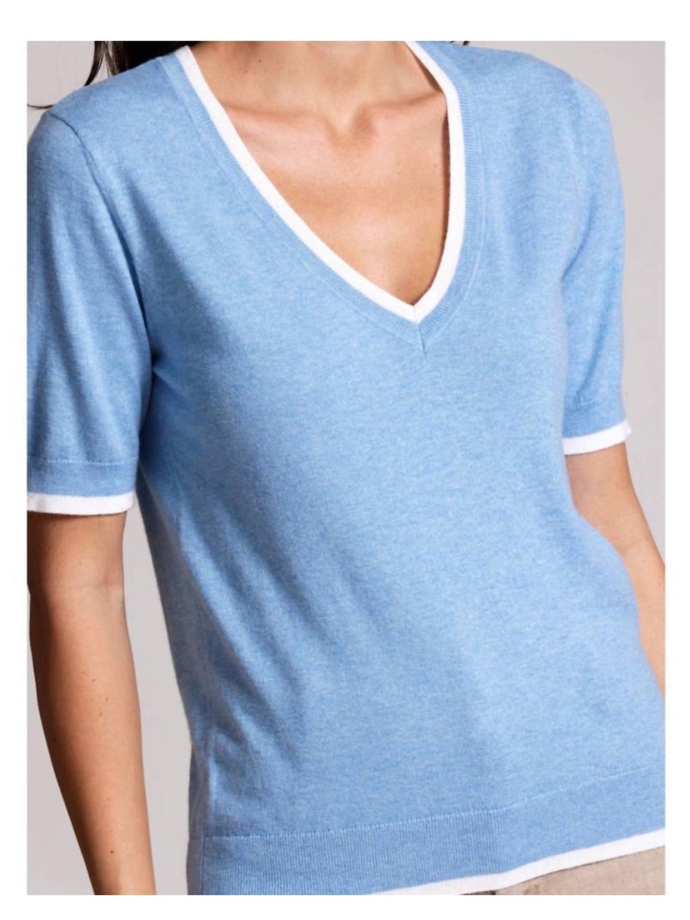 MINNIE ROSE V-Neck Short Sleeve Sweater Cotton Cashmere Blue M Women’s